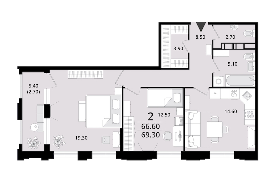 2-комнатная квартира 69.3 м², 13/13 эт., ЖК «Тайм Сквер»